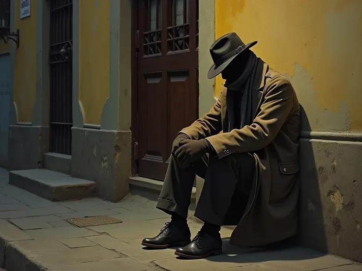  he creates a hyperrealistic painting of a beggar on the street  ,22 years old ,In a trench coat and hat  , with wool gloves and scarf almost completely covering their faces , at dusk sitting and leaning against the wall of a house ,with a door that reveal...