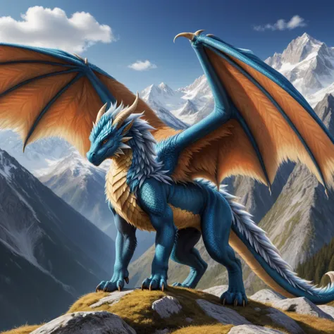 european dragon, (fuzzy:1.3), fur on all areas of the body,  very detailed fur, large wings, on all 4 standing , looks at the vi...