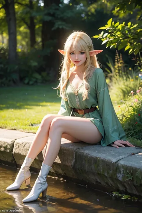 a photorealistic and uhd picture of a diminutive female elf in a fantasy setting, young blonde elf, elven character with smile, ...