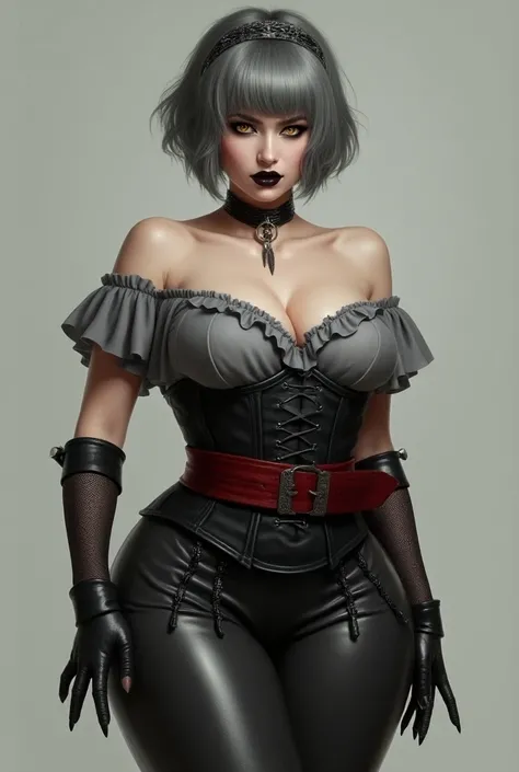 - Beautiful woman  
- Porcelain pale skin
- Curvy, feminine figure
- Thick thighs  
- Mature
- Elegant
- Grey pirate bandana
- Grey hair, spiky chin length bob cut, bangs covering right eye
- Yellow eyes 
- Black lipstick 
- Fangs
- Black choker
- Grey off...