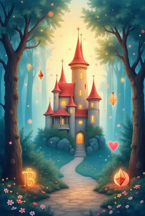 A magical fairy tale and cryptocurrency collage in watercolor and pastel tones, blending soft, dreamlike textures with whimsical details. A glowing castle with enchanted forest creatures, fairy dust, and symbols of Bitcoin and Ethereum woven into the scene...