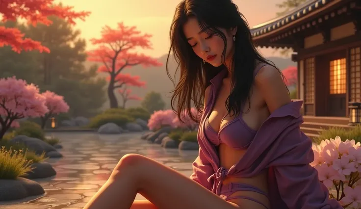 Beautiful Korean Woman, black hair, wear unbutton shirt, Purple thong, huge breast, sleeping showing her purple thong. a serene and picturesque Japanese garden. The scene features a traditional wooden Japanese house with sliding paper doors and wooden latt...