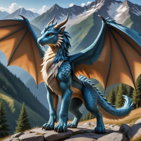 european dragon, (fuzzy:1.3), fur on all areas of the body,  very detailed fur, large wings, on all 4 standing , looks at the vi...