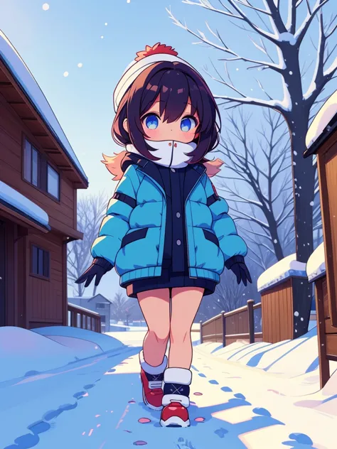 (1girl), walking down a snowy path during the winter season, chibi, heavy jacket, looking at camera, (random poses)