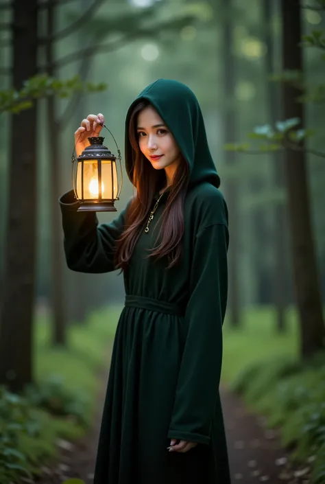 The image is of a slender young asian woman standing in a forest of north america.there are trees behind her. She is wearing a dark green dress with a hood and covering her head. The woman has a small handheld lantern , which is lit and glowing magically a...