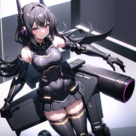 thighs、black tights、chest、smile、black hair、 1 girl、 solo girl 、income、 headphones、idol dress、tablet device、mecha girl、 hot pants