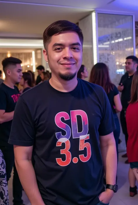 A high-quality photo of man caled RNDY at the Stable Diffusion 3.5 Launch Party. He stands under soft spotlight lighting, wearing a stylish t-shirt with "SD 3.5" in big, bold letters. The background shows a crowd of tech enthusiasts mingling in a chic venu...