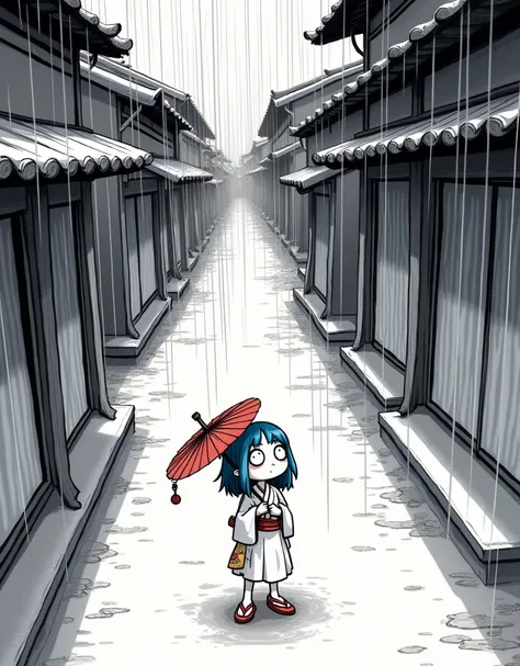 In black and white image、cute little character cartoon 、 Japanese Yokai、Zashiki Warashi、 A girl with cute white kimono, blue hair, and a puffy forehead、 are they barefoot sandals with red thongs and dont they have an umbrella 、 standing lonely under the ea...