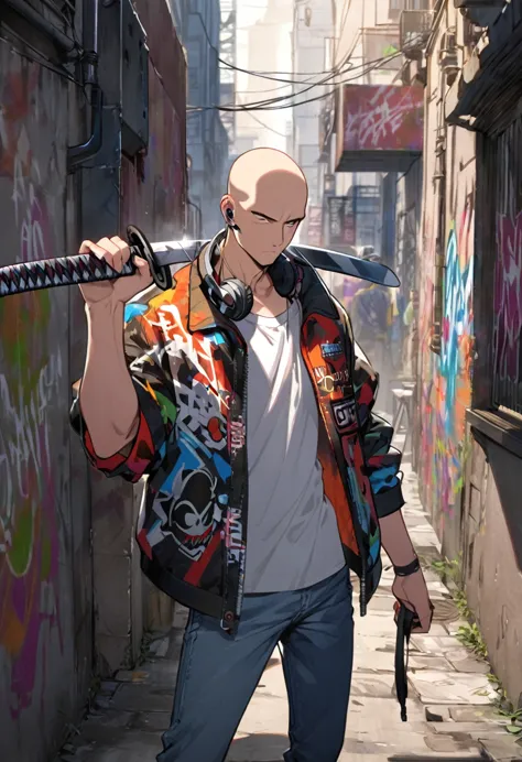 boy, bald, small neck, white collar , black tie, jeans, shirt off the pants , grafitti jacket, white sneakers, standing, headset...