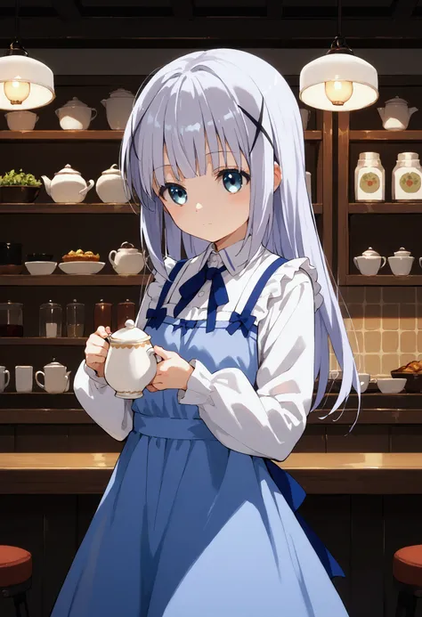 score_9, score_8_up, score_7_up, source_anime,chino kafuu,x hair ornament,cafe,cowboy shot,tippy,blunt bangs,holding,holding tea...