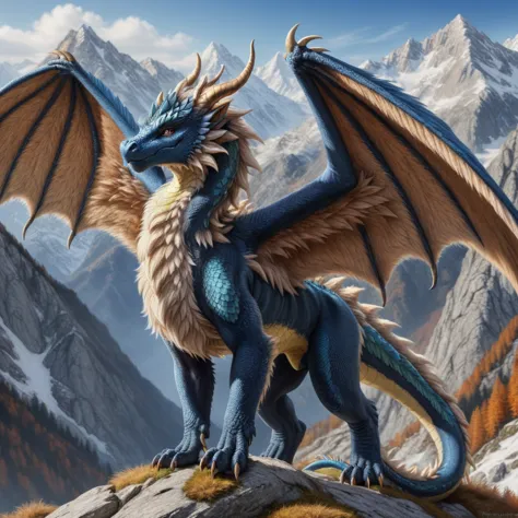 european dragon, (fuzzy:1.4), (fur on all areas of the body), ( very detailed fur:1.2), large wings, on all 4 standing ,  looks ...