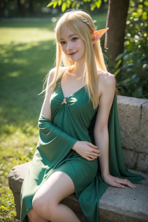 a photorealistic picture of a pretty elf maiden wearing a simple green tunic-style dress, diminutive, slender, lithe, medium blo...