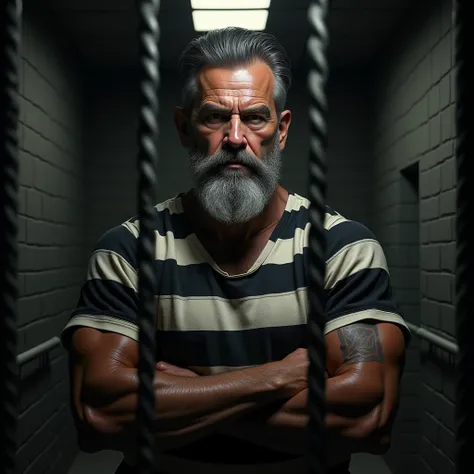 A handsome attractive older man with a beard, muscular, in jail with his black uniform with white stripes 

