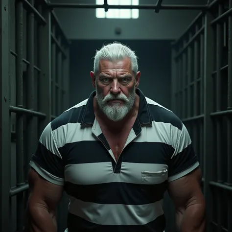 A handsome attractive older man with a beard, muscular, in jail with his black prison jumpsuit with white stripes, (blue eyes), pure white hair and beard, (caucasian)

