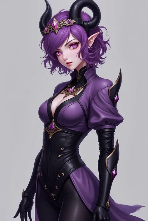  character design,  woman with short curly purple hair/wavy, with black horns, Fuchsia eyes ,  pointed ears , quite attractive, curved body, lavender-colored leather ,  wearing baroque style clothing combined with black armor, wearing a tiara with precious...