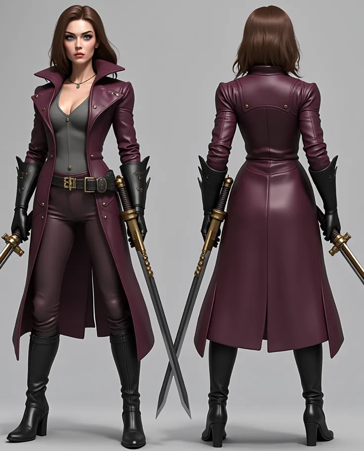 Create woman/  Medium brown smooth hair/ blue eyes/ gray top/  Large purple leather jacket /  Black leather gloves / Swords in the hands/Purple latex pants / Women's black long boots / realistic/8k/ high quality /Heroin