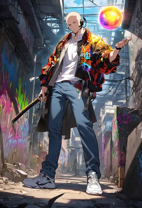 boy, bald, small neck, white collar , black tie, jeans, shirt off the pants , grafitti jacket, white sneakers, standing, headset...