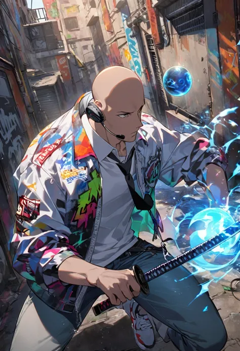 boy, bald, small neck, white collar , black tie, jeans, shirt off the pants , grafitti jacket, white sneakers, standing, headset...