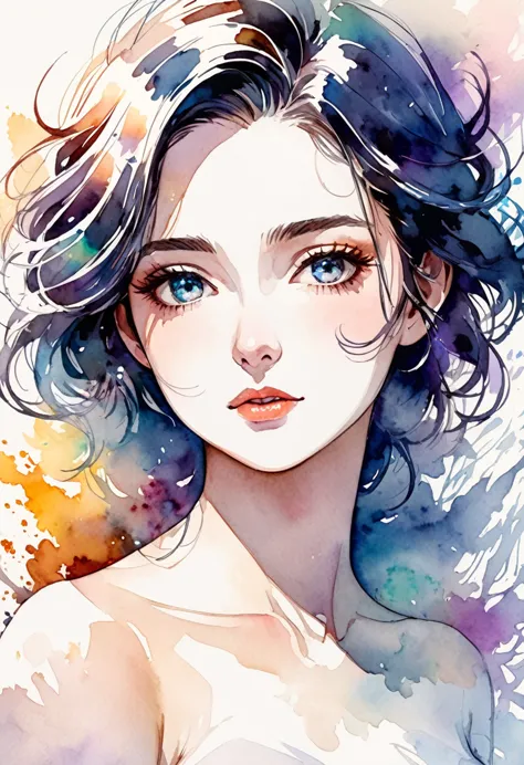 cheap rough sketch style drawn with watercolors, ink painting, and finger painting, very beautiful woman is looking at us with a sad expression, cortesy, elegance, dignity, curvaceous, background pistils, iridescent dust, delicate and dynamic textures, con...