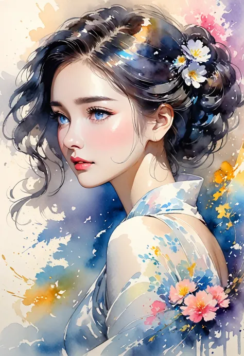 cheap rough sketch style drawn with watercolors, ink painting, and finger painting, very beautiful woman is looking at us with a sad expression, cortesy, elegance, dignity, curvaceous, background pistils, iridescent dust, delicate and dynamic textures, con...