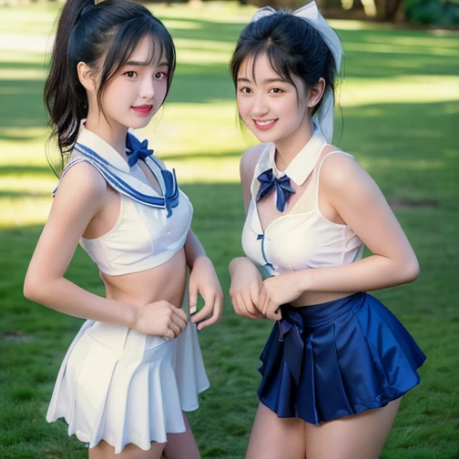 two pretty girls standing in school field,white ruffled dress,navy blue bow tie ,20 years old,shill,a little smile,thigh,knee,po...