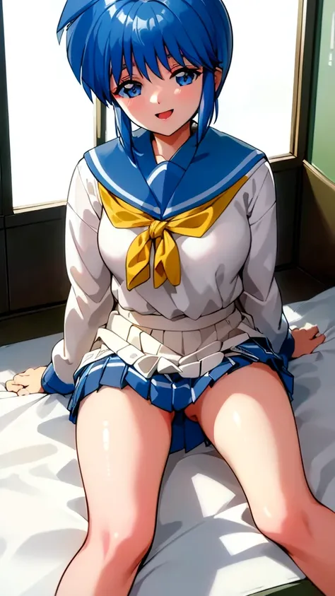 ( best quality , 8k, 32K, masterpiece,  super high resolution :1.2), Junior high school students,  uniform yellow scarf, Blue Hair,  short hair, Saki Nijino, Skirt lift, Sit down, open legs, no panties, classroom, smiling sexual , lure, 