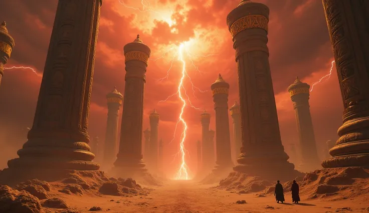 A scene from the short film about the ancient city of Iram built by the legendary tribe of Ad in the Empty Quarter desert. The city is depicted on top of colossal stone pillars, each 3000 meters tall. The architecture is intricate, with golden decorations,...