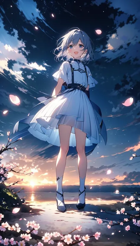 見上げる  girl シーン 1: shadow of cherry blossoms at dusk a  girl standing quietly with the sky behind her, shiny blue . 彼女の目の前にそびえ立つの...