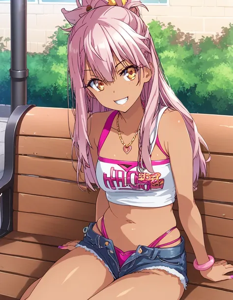 1girl,solo,smile,outdoor,midriff, pink tube top, denim hotpants, open fly, beld, gyaru clothes, thighighs,sitting,bench, chloe,d...