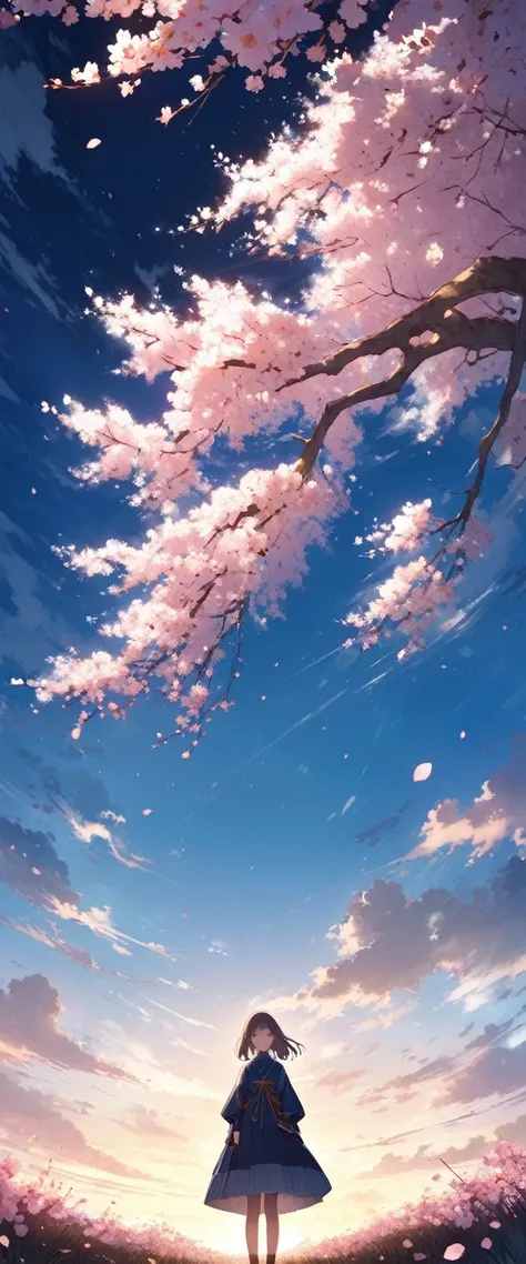 見上げる  girl シーン 1: shadow of cherry blossoms at dusk a  girl standing quietly with the sky behind her, shiny blue . 彼女の目の前にそびえ立つの...