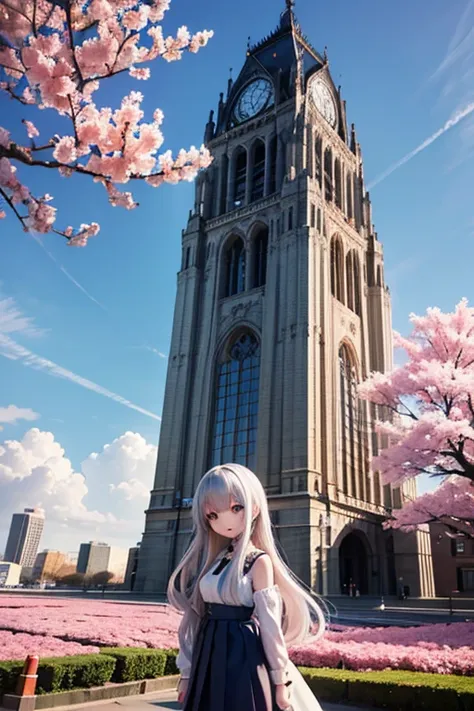 見上げる  girl シーン 1: shadow of cherry blossoms at dusk a  girl standing quietly with the sky behind her, shiny blue . 彼女の目の前にそびえ立つの...