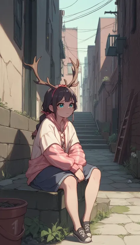  good quality ,  perfect body, girl, dragon_antlers, dark alley,  sitting on a stone ladder, sad expression, little tears in her eyes , Looking at the ground.