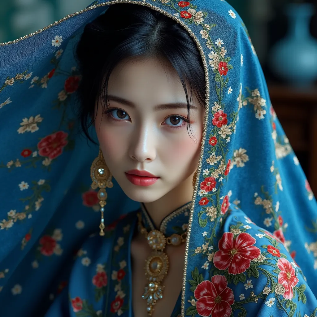 a hyper-realistic surrealist image of an east-asian woman draped in an elaborately embroidered deep blue veil. the veil is adorn...