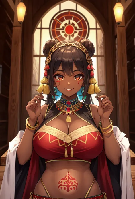 score_9, score_8_up, score_8_up, masterpiece,  high quality,1girl,huge breasts, dark-skinned female, traditional clothes, desert...