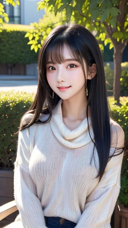  1 girl、((  virgin killer sweater ))、Blue Sky、Bright and very beautiful face、young,  shiny white skin、Great looks、Black hair that reflects light beautifully 、I have beautiful, shiny black hair、 very long silky straight hair、 long bangs 、Very beautiful、big,...