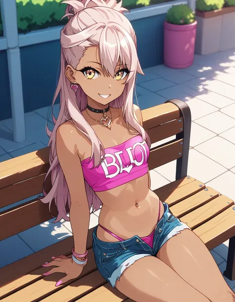 1girl,solo,smile,outdoor,midriff, pink tube top, denim hotpants, open fly, beld, gyaru clothes, thighighs,sitting,bench, chloe,dark_skinned_female,dark_skin,long_hair,pink_hair,yellow_eyes,hair_between_eyes,white_hair,bangs,small_breasts,,half_updo,one_sid...