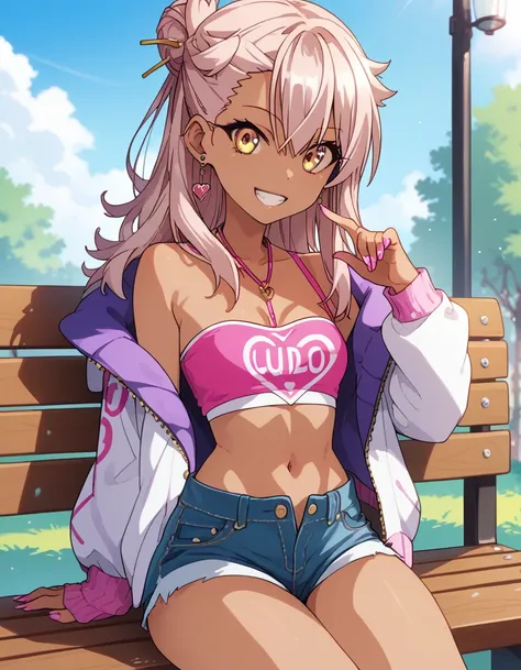 1girl,solo,smile,outdoor,midriff, pink tube top, denim hotpants, open fly, beld, gyaru clothes, thighighs,sitting,bench, chloe,d...