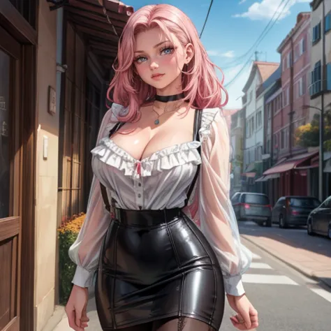 Masterpiece, beautiful art, 8k, art style by sciamano240, very detailed face, detailed hair, detailed clothes, detailed fabric, 1girl, beautiful face, long hair, hot pink hair , model head shot, facing camera, very detailed green eyes, sultry smile, wearing classy fancy clothes, black pantyhose, black mini pencil skirt, walking , out shopping, necklace, chocker, rosey cheeks, sunny fall setting, full body view, photorealistic, indirect lighting, volumetric light, ray tracing, hyper-detailed, best quality, ultra-high resolution, HDR, (8k, Best Quality, Masterpiece:1.2), Ultra Detail, RAW Photo, Super Resolution, Professional Photo, Extremely Detailed and Beautiful, lot of drool, sweat, belly inflation, wearing frilly white blouse, cleavage, suspenders