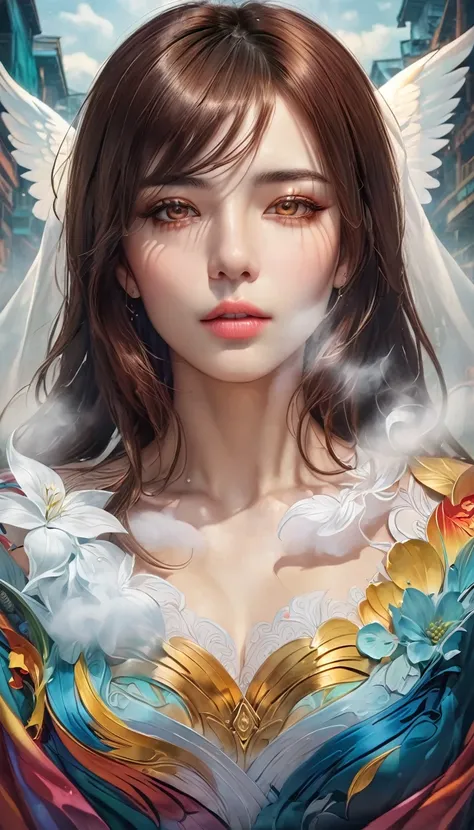  Beautiful Woman with Brown Eyes and Brown Hair,  super detailed face, Angelic,  surrealism style like the picture,  surreal, Amazing portraits,   Dramatic Writing,  volume fog , Shining Ethereal ,  complicated details, Rich and vibrant colors,  photoreali...