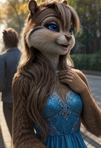 Brittany  _Miller, One, female,antro ,chipmunk,fluffy, slim body, A realistic , feminine, beautiful dress, walking in the park with a man , Love, date,  man hugs a chipmunk ,   chipmunk cuddles his body against a man,  3d Model,    (a little plump:0.3), Cu...