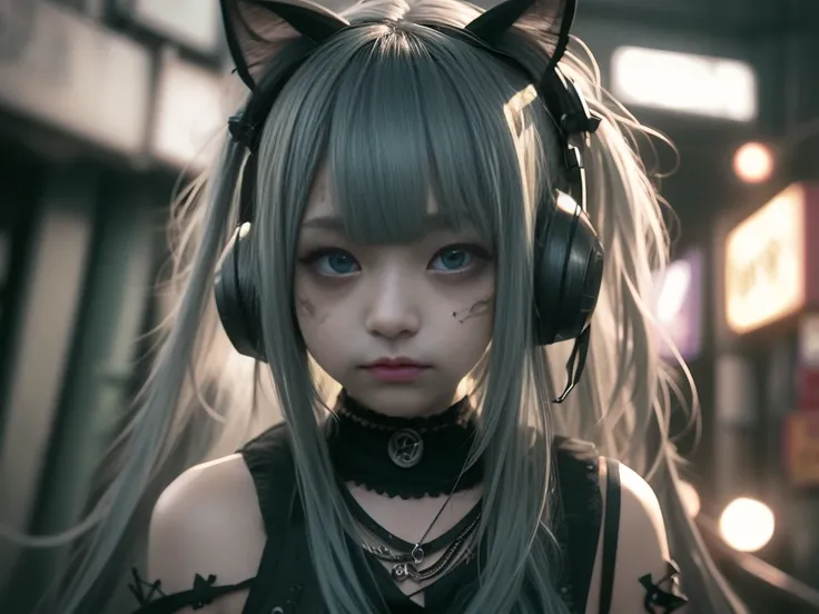  crowds、Destroyed City、Sing a song、A world of destopia、A scene from a horror movie、whole body、 Dynamic Pose、、Hatsune Miku、 sleeveless、Headphones、blond Hair、BLACK Hair、Goth Punk、1 girl、Alone、 medium shot、Uninhabited Ruins 、((night))、Background Unmanned Disp...