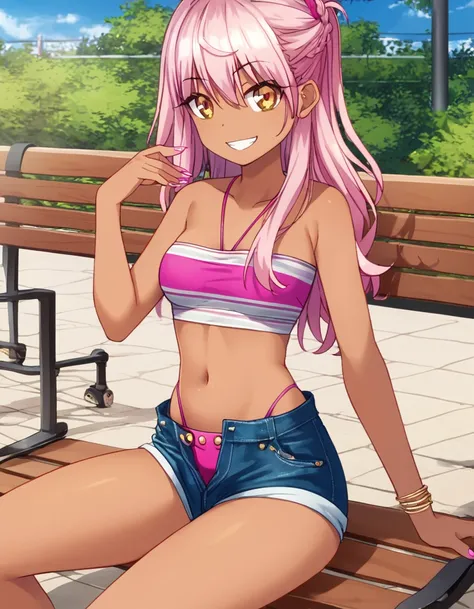 1girl,solo,smile,outdoor,midriff, pink tube top, denim hotpants, open fly, beld, gyaru clothes, thighighs,sitting,bench, chloe,d...