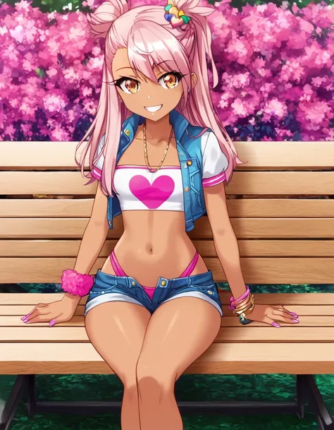 1girl,solo,smile,outdoor,midriff, pink tube top, denim hotpants, open fly, beld, gyaru clothes, thighighs,sitting,bench, chloe,d...