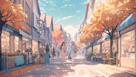 meeting,i'm looking at my phone,shopping street,autumn townscape,long hair,brown hair,high quality backgrounds,whole bodyが写っている,...