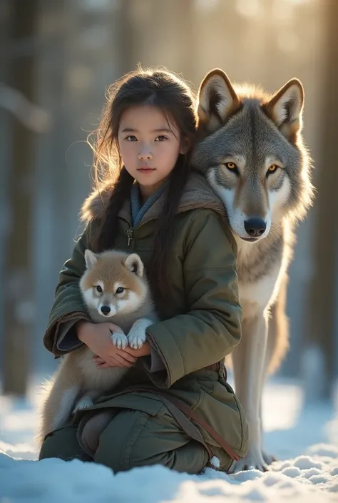 In the heart of the Daxinganling forest, a young girl, the daughter of a patriarch, stands resolute, her firm eyes radiating a sense of heroism. She tenderly cradles a fluffy, young wolf cub, while a majestic wolf stands protectively behind her. The snowy ...