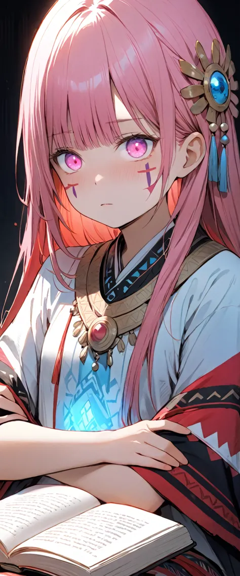 (masterpiece,  best quality :1.2),  1 girl, Alone、 they're reading ,Citlali,Expressionless、 Pink Hair,  split bangs ,  very long hair , Let your hair down,  Had,  Hair Ornament, ( facial marks),  blue eyes ,(Pink Eyes), Tribal clothing,Loin cloth, glowing eyes, ,  beautiful details,  hyper detail , masterpiece,  best quality , bright,  Hair Ornament,  facial marks,  they're reading