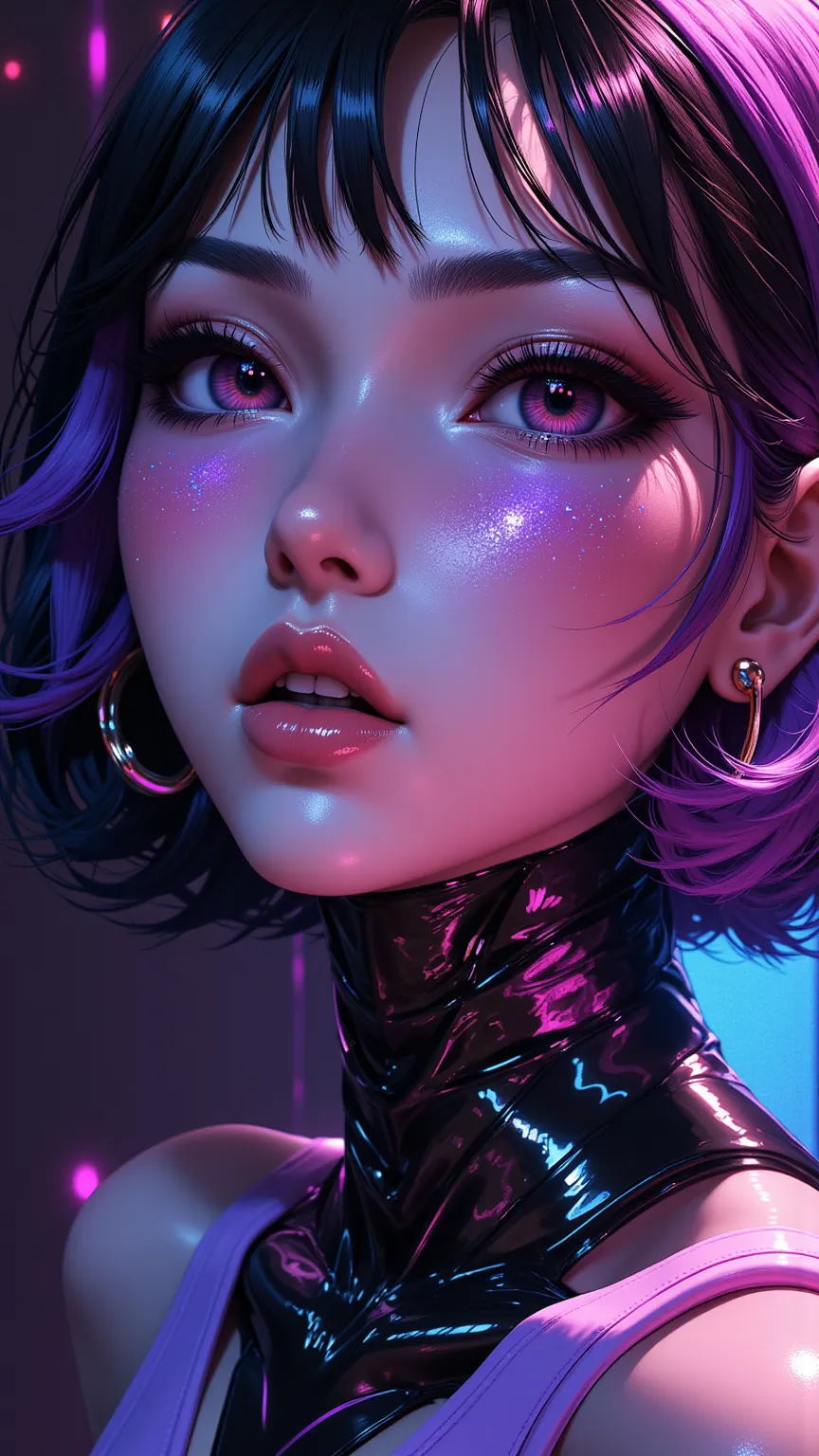 80’s glam rock makeup on shiny android face, anime, 2.5d, glittery face, moody lighting, (purples, pinks, and blues), iridescent...