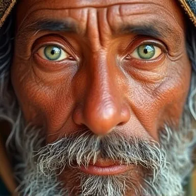 indian old man with striking green eyes, cultural portrait, emotive humane photography, rich colors, analog film, film grain, ko...