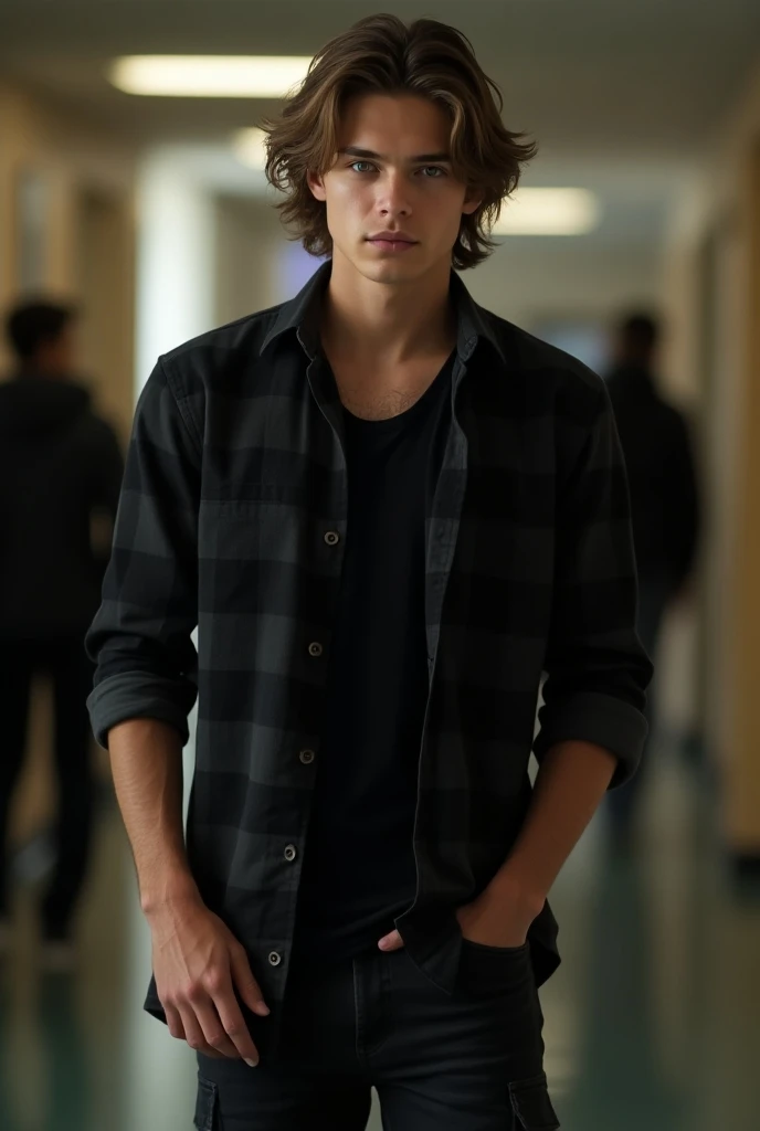  A young boy in his 20s with a nice look 
Cold and seductive.  light brown semi-long hair olive eyes .  He is dressed in a black plaid shirt , and some black cargo jeans .In the university hallway 