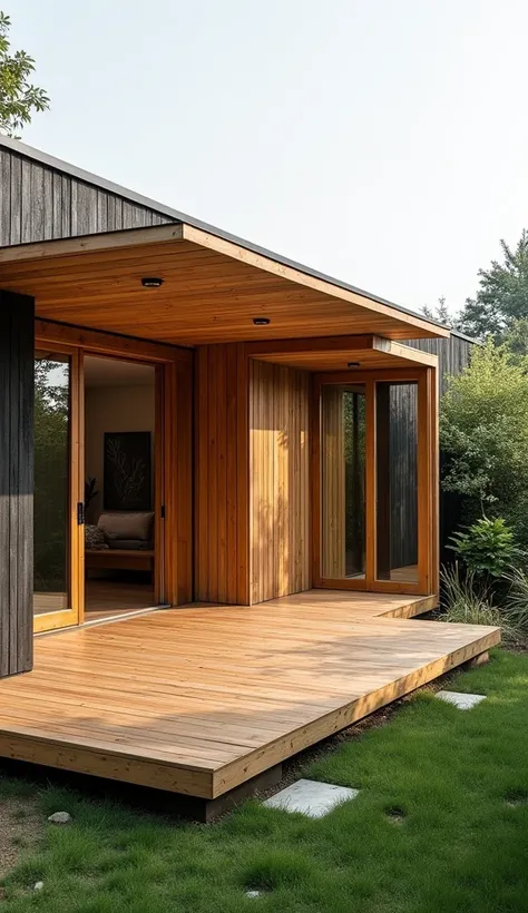  Design a small and sustainable house made entirely of wood ,  protected on the outside by wooden slats treated with the Shou Sugi Ban technique,  where you can clearly see the texture of burnt wood .  The house has a large open terrace made of natural woo...